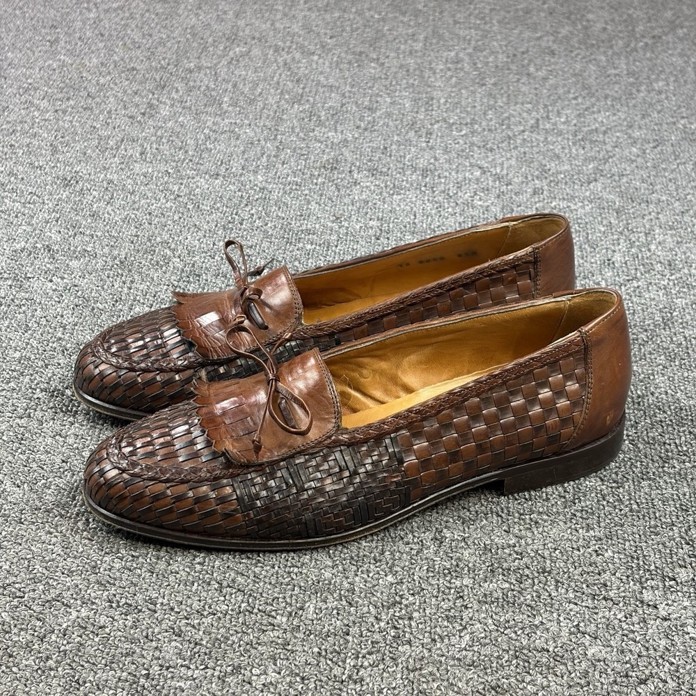 Domani Johnston & Murphy Mens 8.5 M Brown Woven Leather Kiltie Bow Loafers Italy